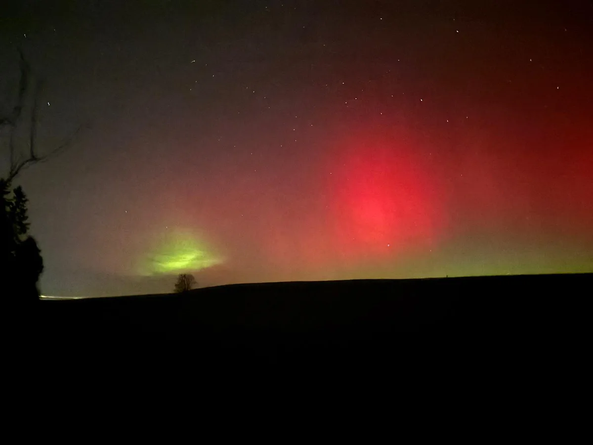 Man sieht grüne, violette und pinke Polarlichter am dunklen Nachthimmel.